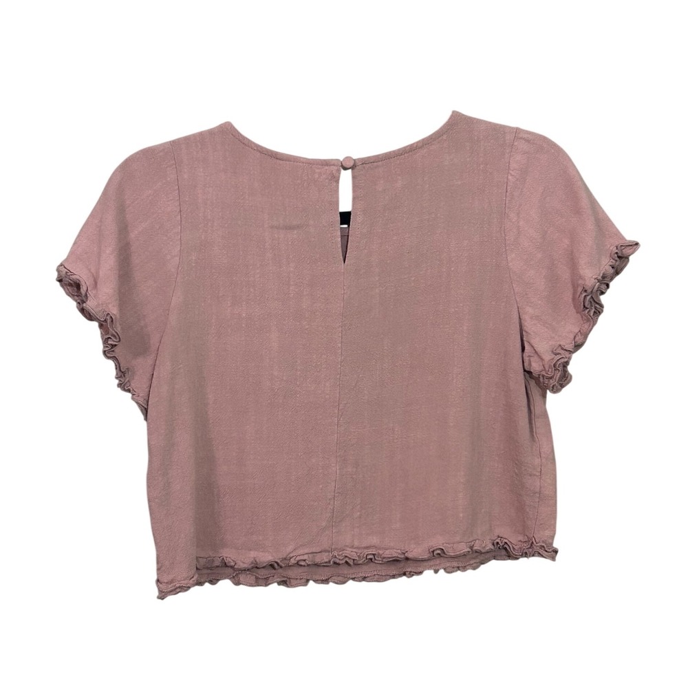 Me To We Mauve Ruffle Linen Crop Top Womens XS Rayon Linen Blend Short Sleeve - Picture 3 of 8